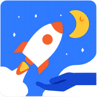 An illustration of a rocket launching towards the moon, guided by a hand.